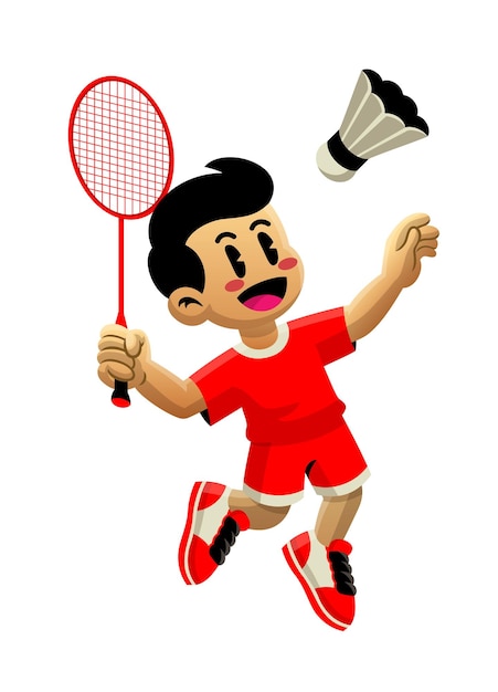 Foto cartoon-illustration von happy kid, der badminton spielt