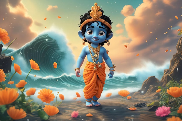 Cartoon-Illustration von Lord Krishna im traditionellen Indien