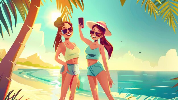 Cartoon-Illustration von zwei Freundinnen, die auf Smartphone-Kameras lächeln, in einem tropischen Pub unter einer Palme, Sonne, die über Meerwasser aufsteigt, Urlaubsreise an einem Sommerstrand