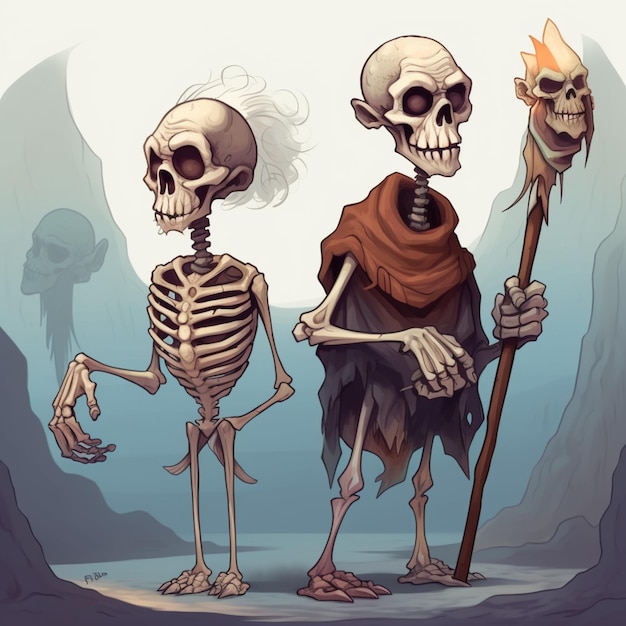 Cartoon-Illustration von zwei Skeletten mit Sägen und einem Stab generativ ai