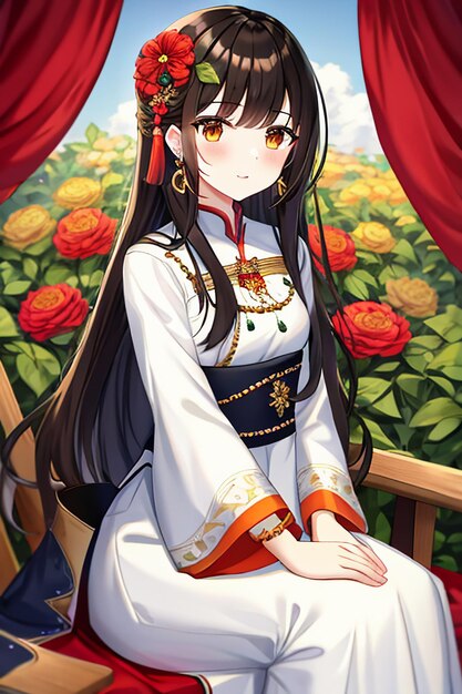 Cartoon jovem beleza vestindo linda clássica cheongsam saia traje com decoração de flores