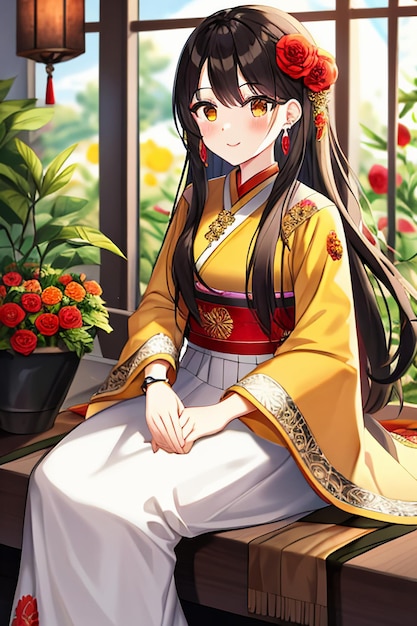Cartoon jovem beleza vestindo linda clássica cheongsam saia traje com decoração de flores