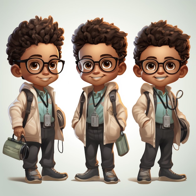 Cartoon-Junge mit Brille und Rucksack, der in drei verschiedenen Posen steht, generative KI