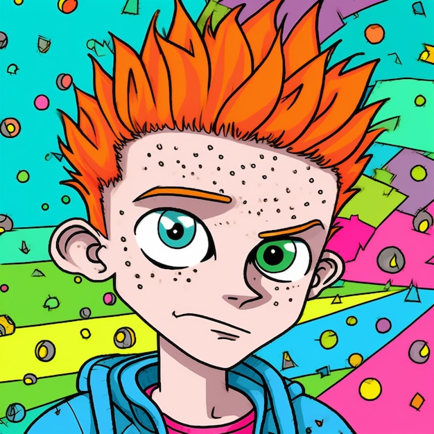 Cartoon-Junge mit orangefarbenen Haaren und grünen Augen vor buntem Hintergrund, generative KI