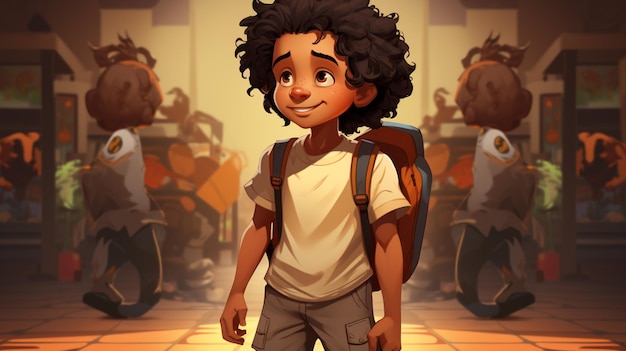 Cartoon-Junge mit Rucksack und Rucksack steht in einem Raum mit anderen Menschen generative ai