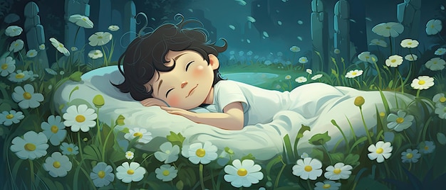 Cartoon-Junge schläft auf einem schönen Friedhof mit weißen kleinen Blumen in grünem Gras Cartoon