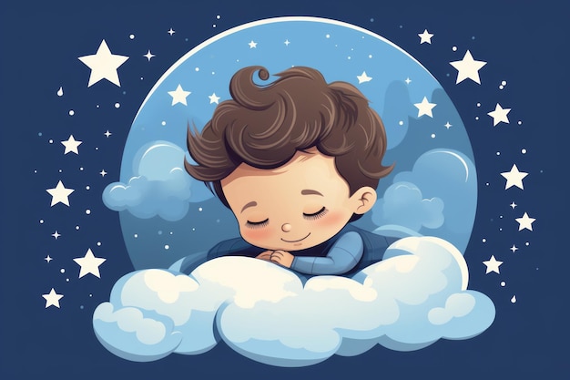 Cartoon-Junge schläft auf einer Wolke mit Sternen