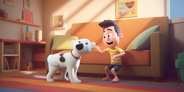 Cartoon-Junge spielt mit einem Hund in einem Wohnzimmer generative ai