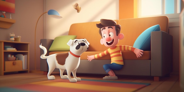 Cartoon-Junge spielt mit einem Hund in einem Wohnzimmer generative ai