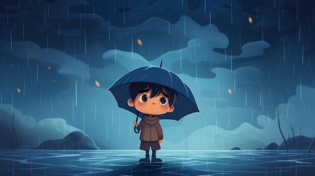 Cartoon-Junge steht im Regen mit einem Regenschirm generative KI