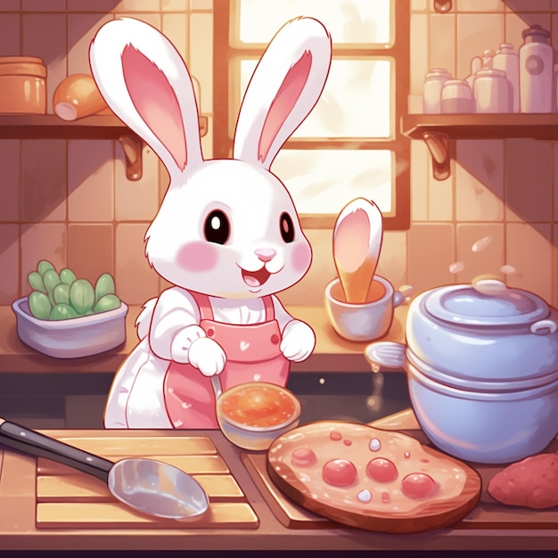 Cartoon-Kaninchen in Schürze bereitet Essen in der Küche mit generativen Utensilien zu