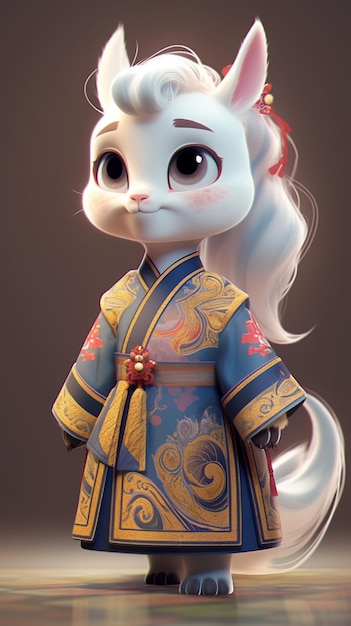 Cartoon-Katze in chinesischem Kleid mit roter Schleife