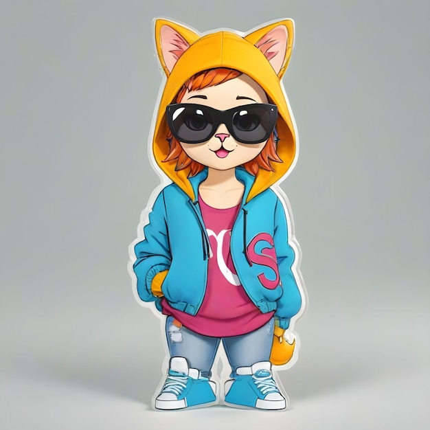 Cartoon-Katze in voller Sonnenbrille und Jacke mit Kapuze auf durchsichtigem Hintergrund 3D-Rendering