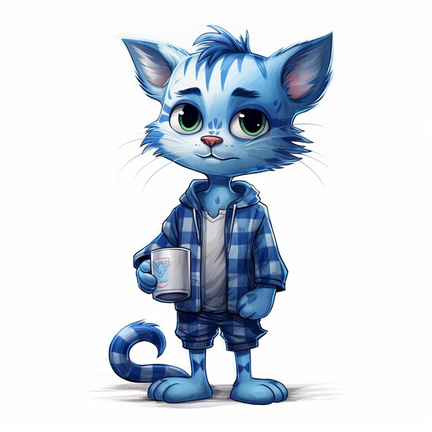 Cartoon-Katze mit blauer Jacke und weißem Hemd, die ein Mobiltelefon hält