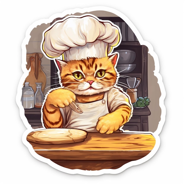 Cartoon-Katze mit Kochmütze, die mit einem Messer eine Pizza macht. Generative KI