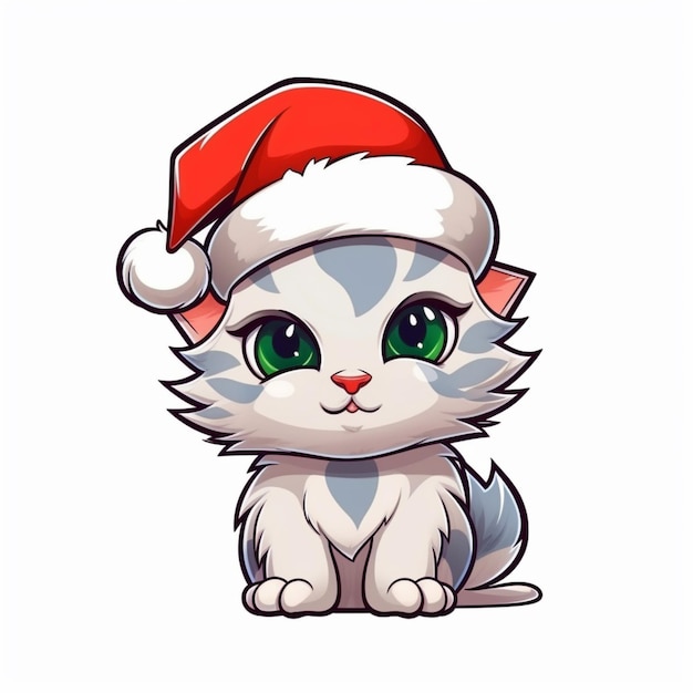 Cartoon-Katze mit Weihnachtsmütze sitzt auf dem Boden, generative KI
