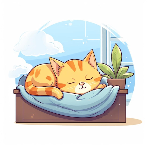 Cartoon-Katze schläft auf einem Kissen mit einer Pflanze im Hintergrund, generative KI