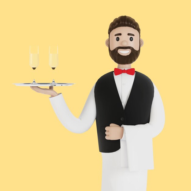 Cartoon-Kellner mit Champagner auf einem Tablett 3D-Darstellung