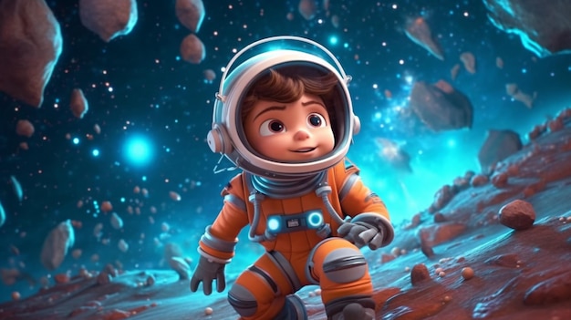 Cartoon kid space explorer pintando arte para la creatividad e inspiración del artista IA generativa