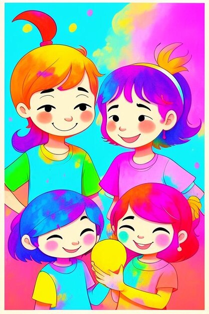 Foto cartoon kids celebrating holi holi 2024