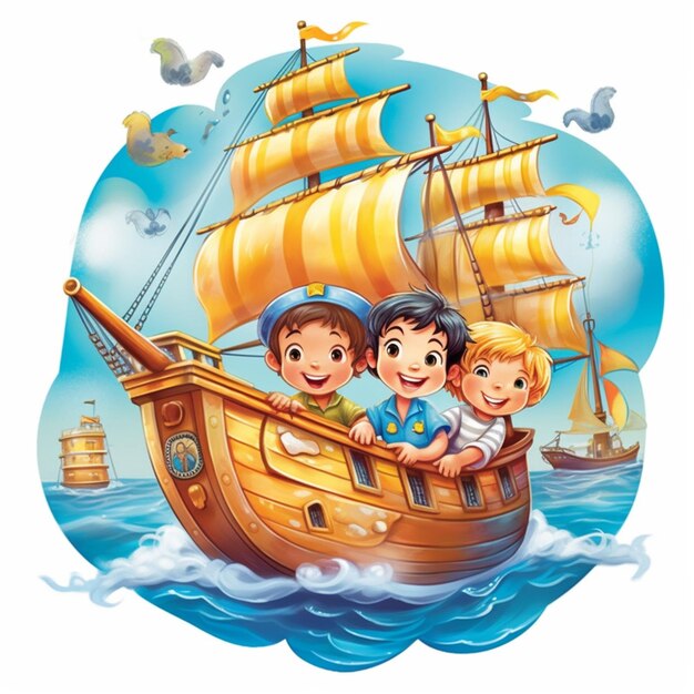 Cartoon-Kinder auf einem Schiff mit einem Segel im Ozean generative ai