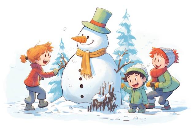 Cartoon-Kinder bauen einen Schneemann in der Nähe von schneebedeckten Fichten