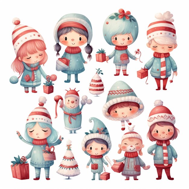 Cartoon-Kinder in Winterkleidung und Hüten mit Geschenken