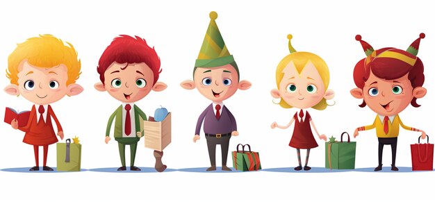 Cartoon-Kinder mit Partyhüten und Geschenken, die in einer Linie stehen, generative KI