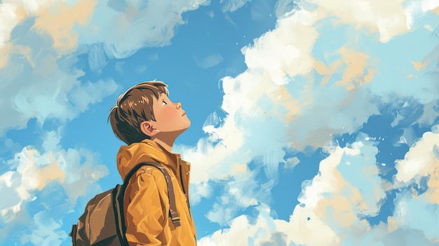 Cartoon kleiner Junge schaut auf den blauen Himmel KI-generiertes Bild