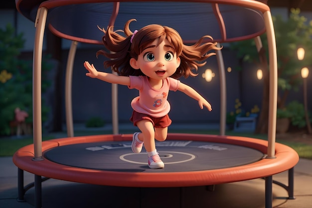 Cartoon kleines Mädchen spielt Trampolin