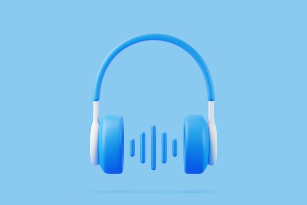 Cartoon-Kopfhörer mit Schallwelle auf blauem Hintergrund Konzept zum Hören von Musikradio-Podcasts