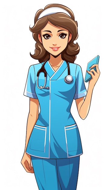 Cartoon-Krankenschwester hält ein Handy und zeigt die Daumen nach oben