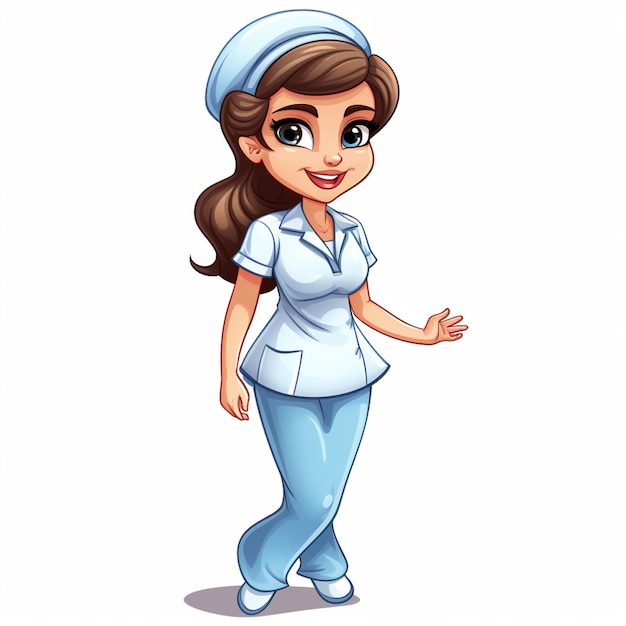 Foto cartoon-krankenschwester in blauer uniform, die generative ki geht und winkt