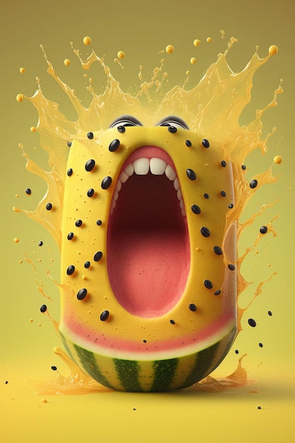 Cartoon lächelnde verrückte Wassermelone mit spritzendem flüssigem Saft