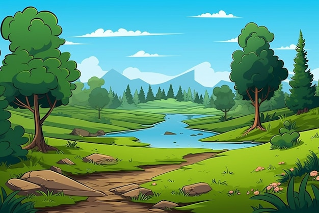 Cartoon-Landschaft hintergrund mit Gras Bäume Blumen und Felsen