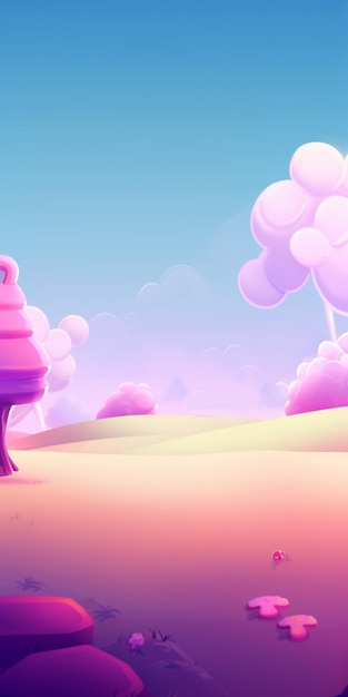 Foto cartoon-landschaft mit einem baum und einer rosa wolke generative ai