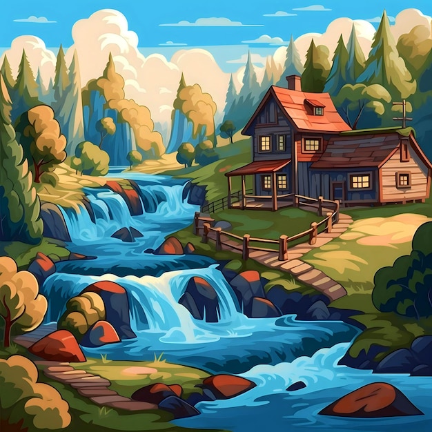 Cartoon-Landschaft mit Wasserfall und altem Holzhaus