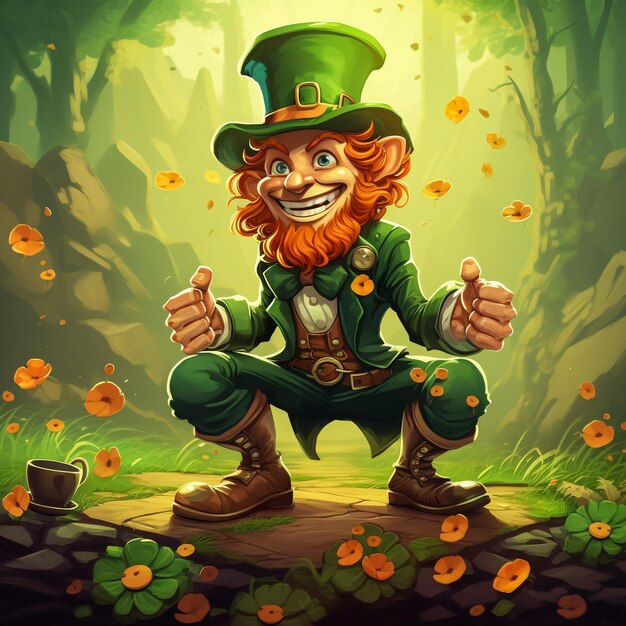 Cartoon Leprechaun agitando a mão com segurando um bastão