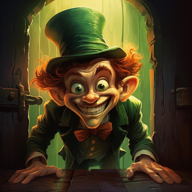 Cartoon Leprechaun agitando a mão com segurando um bastão