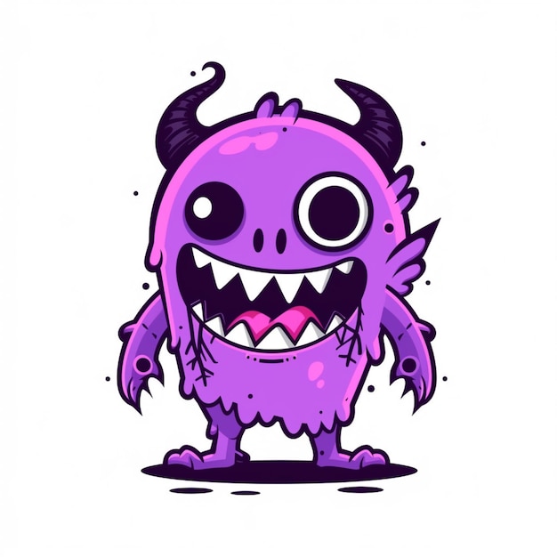 Cartoon lila Monster mit Hörnern und Zähnen steht vor einem weißen Hintergrund generative ai