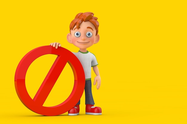 Cartoon Little Boy Teen Person Character Mascot con Prohibición roja o Señal prohibida Representación 3d