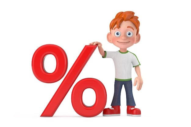 Cartoon Little Boy Teen Person Character Mascot con Red Retail Porcentaje de venta o signo de descuento 3D Rendering