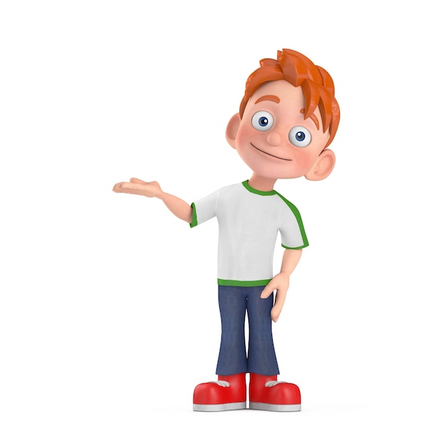 Cartoon Little Boy Teen Person Character Mascot señala una palma abierta en un lugar vacío para su diseño 3D Rendering