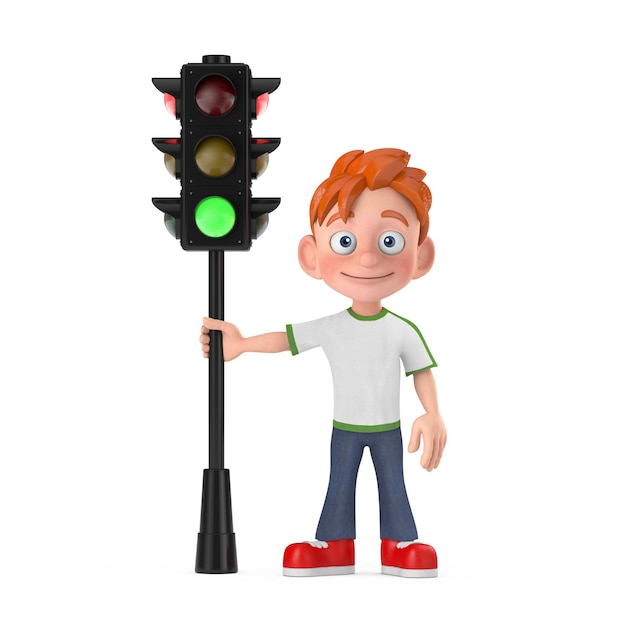 Cartoon Little Boy Teen Person Charakter Maskottchen mit Ampel grünes Licht 3D-Rendering