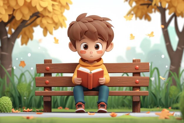 Cartoon Little Cute Boy Sentado em um banco com a leitura de um livro close-up extremo AI gerativa