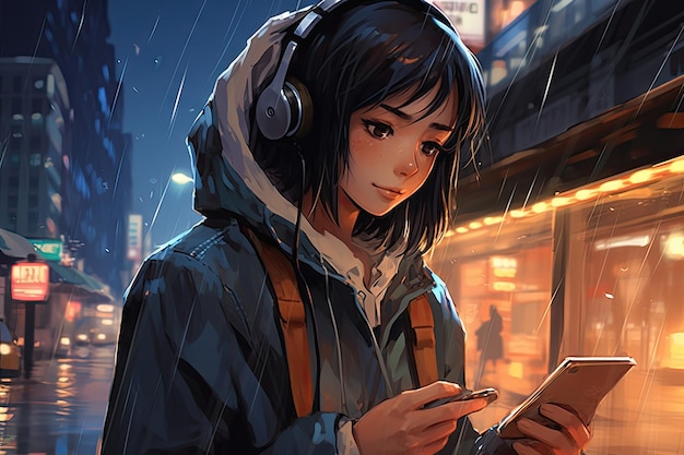 Cartoon lofi joven chica de estilo manga estudiando mientras escucha música