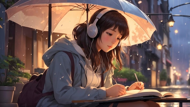 Cartoon lofi joven chica de estilo manga estudiando mientras escucha música