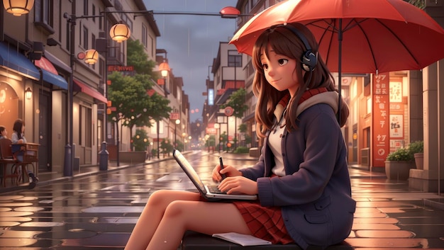 Cartoon lofi joven chica de estilo manga estudiando mientras escucha música