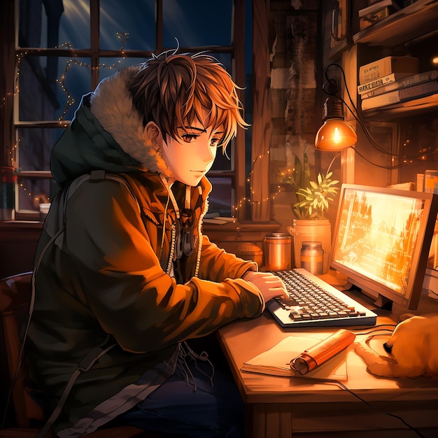 Cartoon lofi joven estilo manga niño estudiando mientras escucha música y lloviendo en la calle Ai g