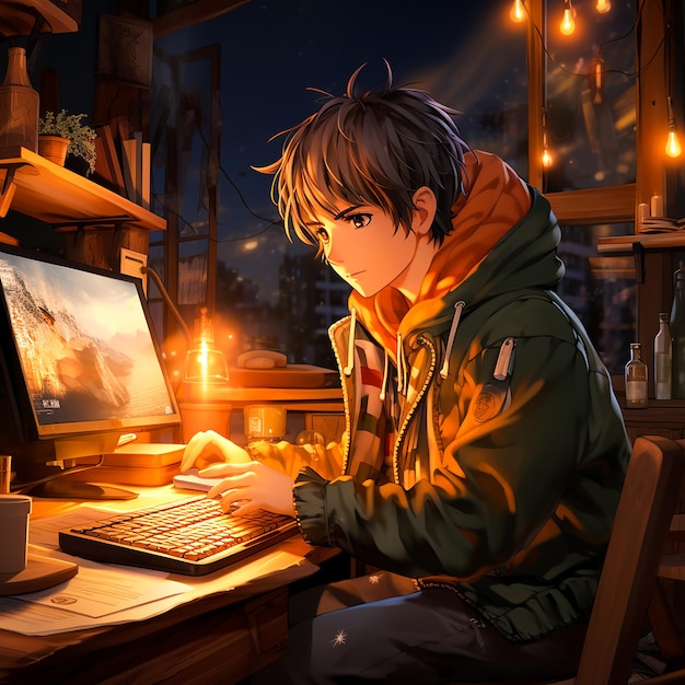 Cartoon lofi junger Manga-Stil Junge studiert, während er Musik hört und auf der Straße regnet Ai g